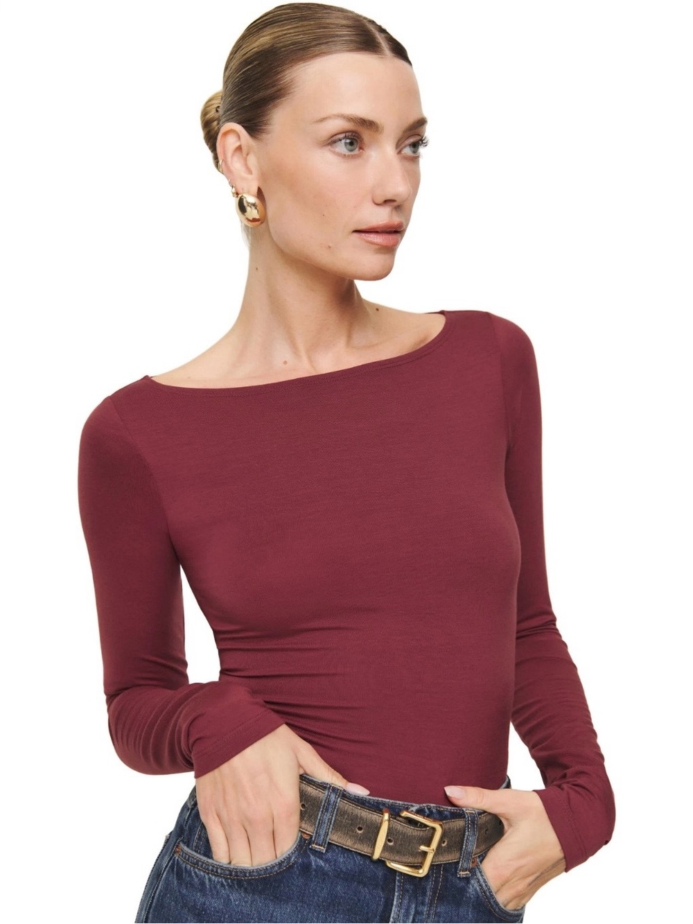 Reformation Burgundy Red Wiley Knit Boat Neck Form Fitting Long Sleeve Medium